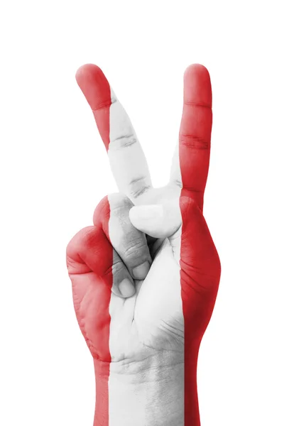 Ręka Dokonywanie znak V, flaga Peru malowane jako symbol zwycięstwa, — Zdjęcie stockowe