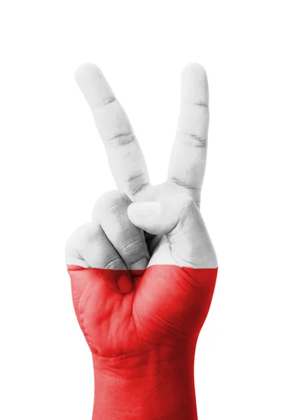 Mão fazendo o sinal V, bandeira da Polônia pintada como símbolo da vitória — Fotografia de Stock