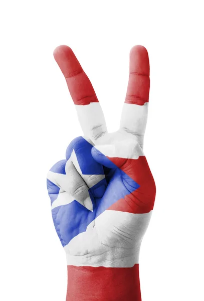 Ręka Dokonywanie znak V, Puerto Rico bandery malowane jako symbol VI — Zdjęcie stockowe