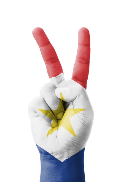 V işareti, zafer sembolü olarak boyalı Saba bayrak yapma el, — Stok fotoğraf