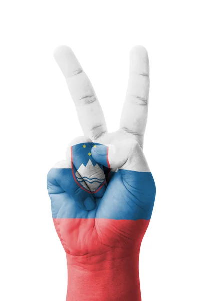 Mão fazendo o sinal V, bandeira da Eslovénia pintado como símbolo de victo — Fotografia de Stock