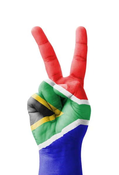 Hand att göra V-tecknet, Sydafrika flagga målade som symbol för v — Stockfoto