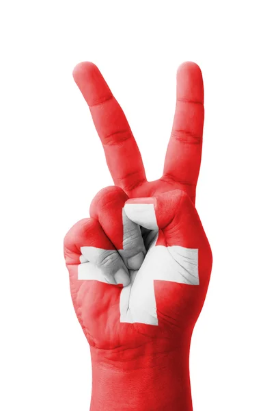 V işareti, İsviçre bayrağı VI sembolü olarak boyalı yapım el — Stok fotoğraf