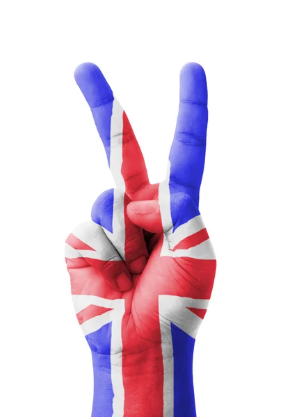 Hand making the V sign, UK (United Kingdom) flag painted as symb — Stock Photo, Image