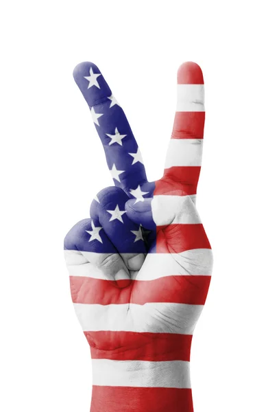 Hand making the V sign, USA (United States of America) flag pain — Stock Photo, Image