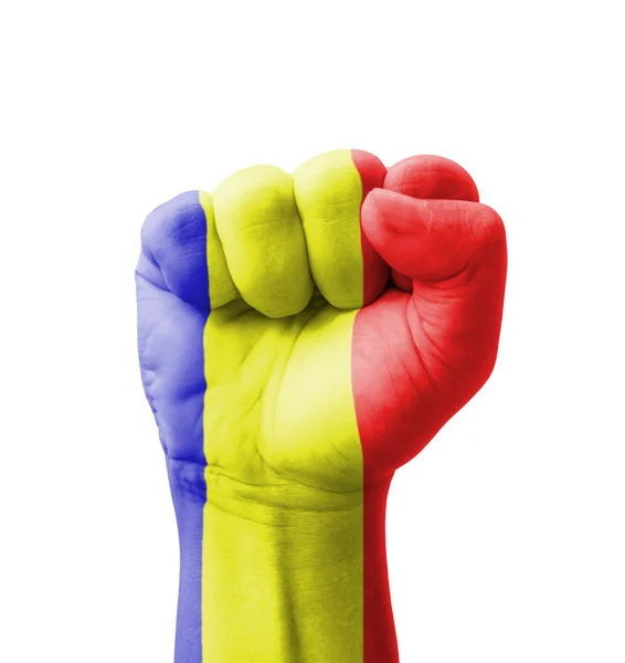 Pugno della Romania bandiera dipinta, concetto multiuso isolato o — Foto Stock