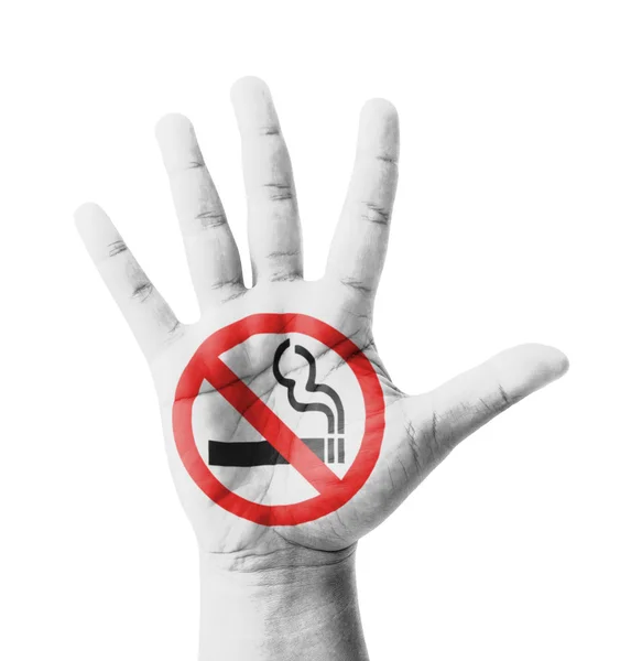 Открытая рука поднята, нарисован знак "Курить запрещено", многоцелевая концепция — стоковое фото
