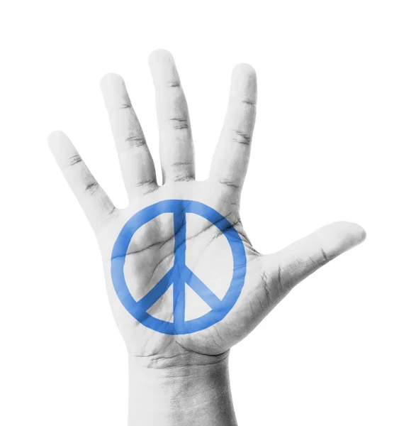 Mão aberta levantada, sinal de paz pintado, conceito de múltiplos propósitos - é — Fotografia de Stock