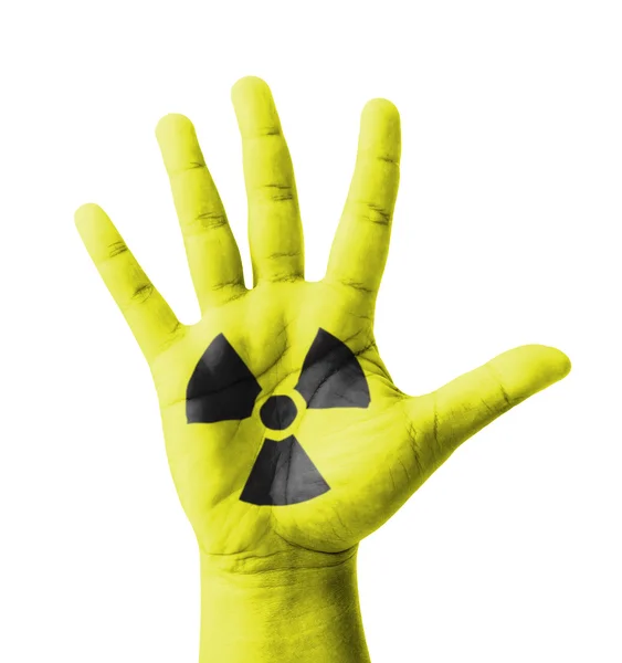 Mano abierta levantada, signo de radiactividad pintado, cono multipropósito — Foto de Stock