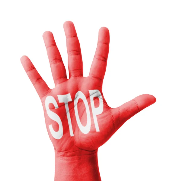 Open hand raised, STOP text painted, multi purpose concept - iso — Stock Photo, Image