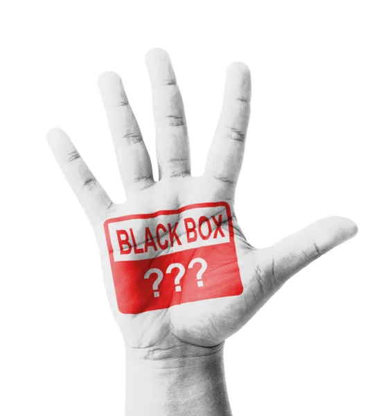 Open hand raised, Black Box sign painted, multi purpose concept — Stock Photo, Image
