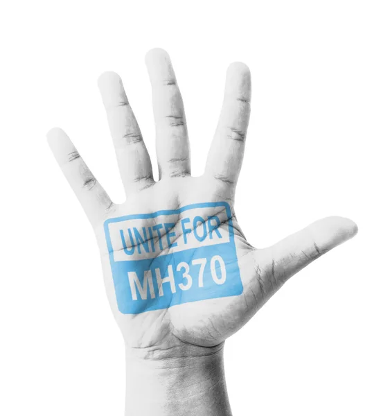Открытая рука поднята, знак рейса MH370 окрашен, многоцелевое сотрудничество — стоковое фото