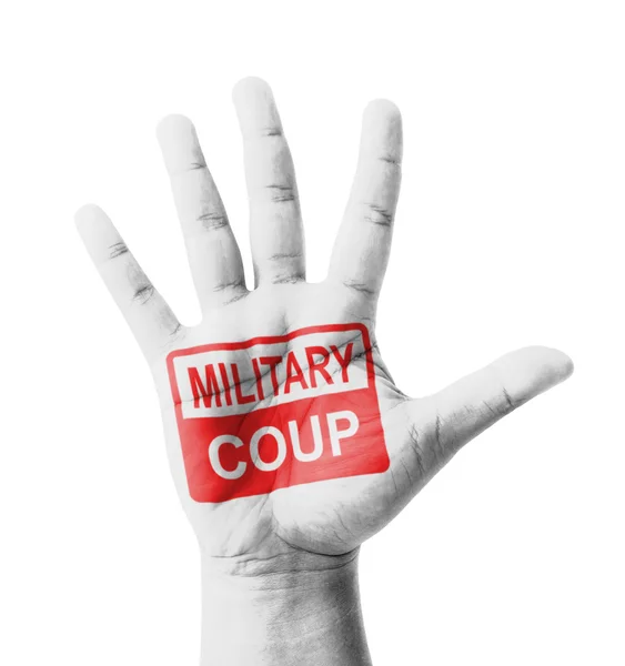 Open hand raised, Military Coup sign painted, multi purpose conc — Stock Photo, Image