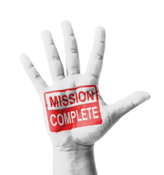 Offene Hand erhoben, Mission Complete Schild bemalt, Mehrzweck-C — Stockfoto