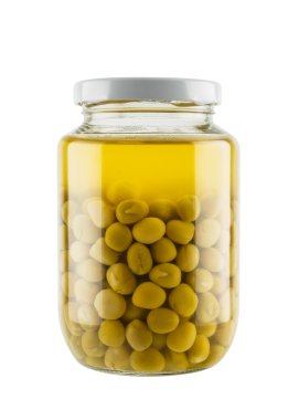 Preserved peas in glass jar isolated on white background