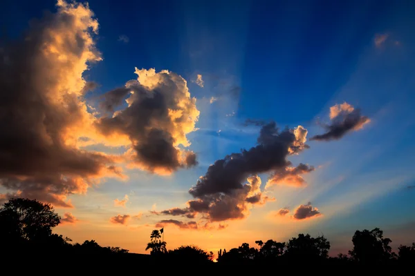 Beautiful sunset rays through a cloudy sky over the park — Stock Photo, Image