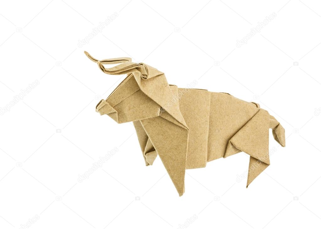 Origami bull recycle paper isolated on white background