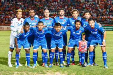 SISAKET THAILAND-AUGUST 13: Players of PTT Rayong FC. pose for a