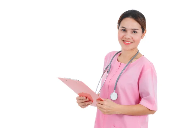 Asian smiling nurse holding clipboard isolated on white backgrou Stock Picture