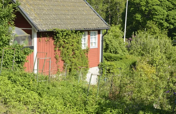 Cottage rosso idilliaco in giardino botanico — Foto Stock