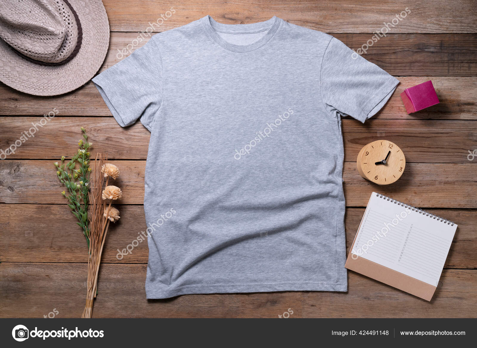 Download Mockup Gray Shirt Blank Shirt Template Accessories Wooden Table Background Stock Photo Image By C Tatomm 424491148