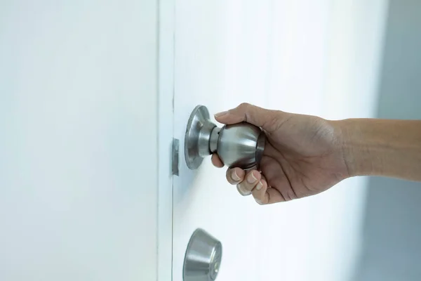 Close Female Hand Holding Door Knob Door Handle House — Stock Photo, Image