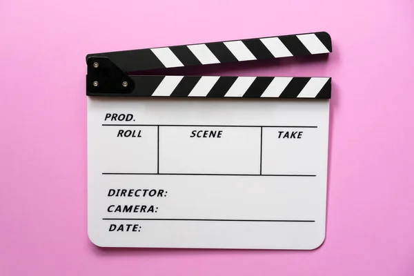 Movie Clapper Pink Table Blackground Film Cinema Video Photography Concept — Stock Photo, Image