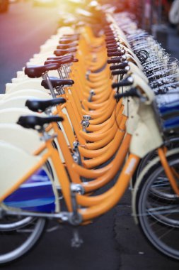 Şehir yolu parkında güneş ışığı ve toplu taşıma konseptiyle bisiklet kiralama hizmeti.