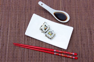 Yukarıda da görüleceği bambu avokado ve surimi California roll