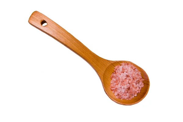 Träsked med rosa Himalaya salt sett från ovan — Stockfoto