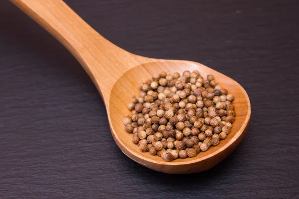 Wooden spoon with coriander seeds on slate — Stock Photo, Image