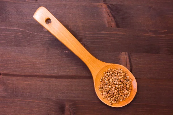 Wooden spoon with coriander seeds on wood seen from above — Stock Photo, Image