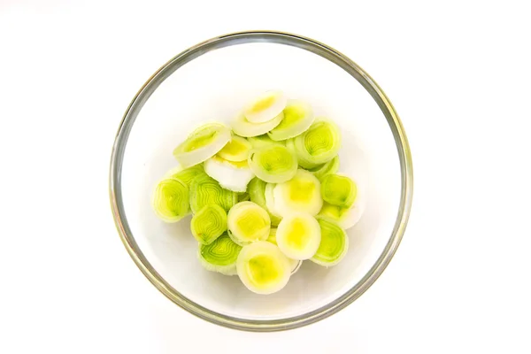 Bowl with sliced leek top — Stock Photo, Image