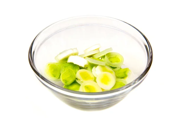 Bowl with sliced leek — Stock Photo, Image