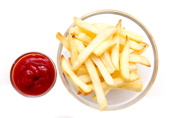 Tigela de batatas fritas e ketchup de cima — Fotografia de Stock