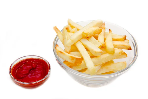 Bowl of chips and ketchup — Stock Photo, Image