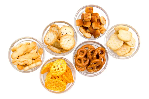 Bowls of pretzels from above — Stock Photo, Image