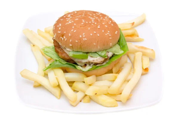 Hambúrguer com queijo e batatas fritas — Fotografia de Stock