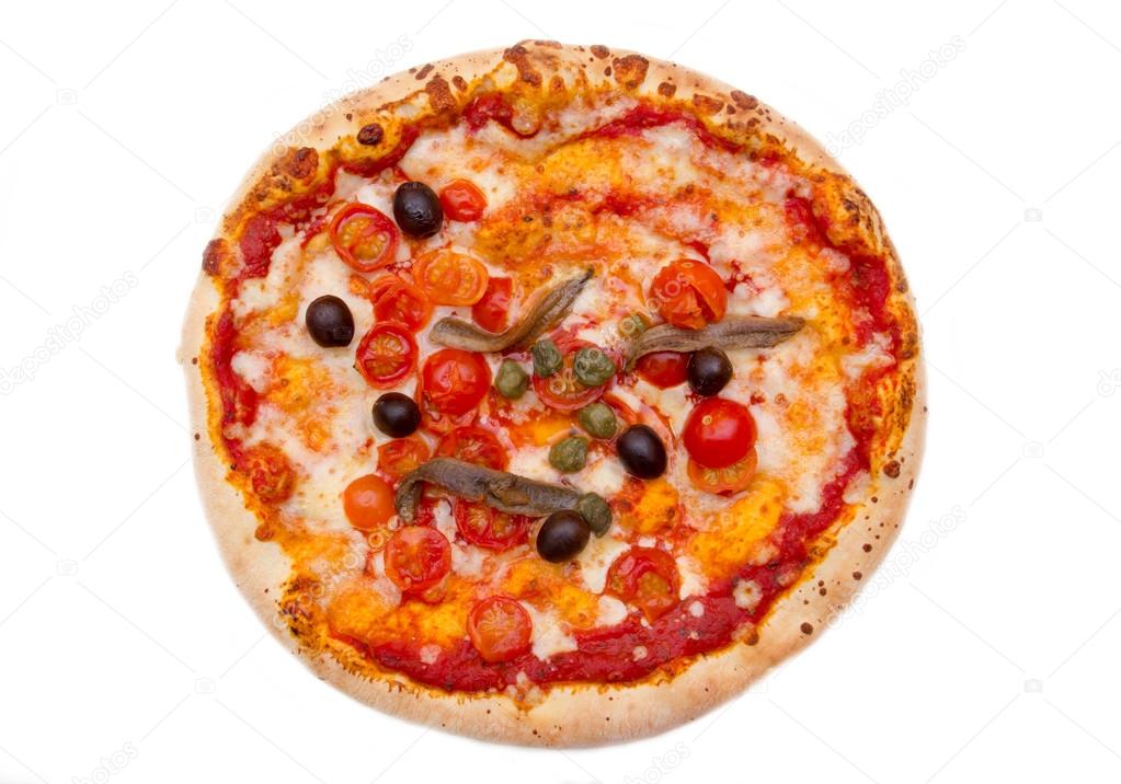 Pizza with anchovies and olives from above