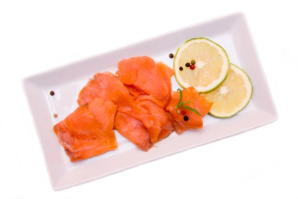 Smoked salmon on tray seen from above — Stock Photo, Image