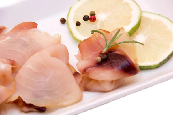 Smoked swordfish on tray seen from very close — Stock Photo, Image