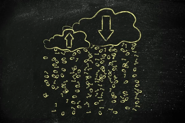 Upload & download clouds with binary code rain