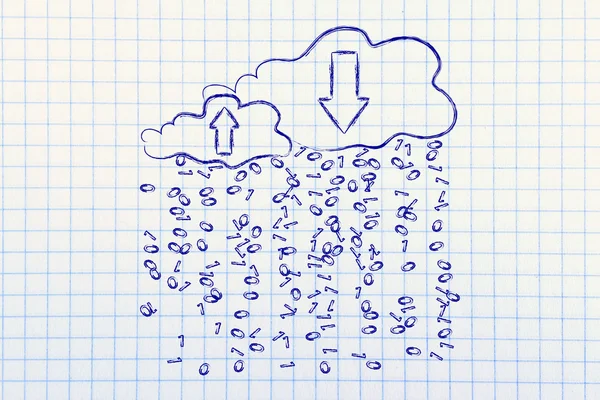 Upload & download clouds with binary code rain