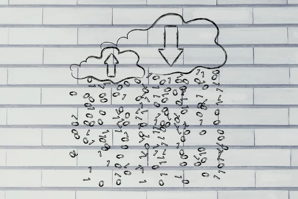 Subir y descargar nubes con lluvia de código binario — Foto de Stock