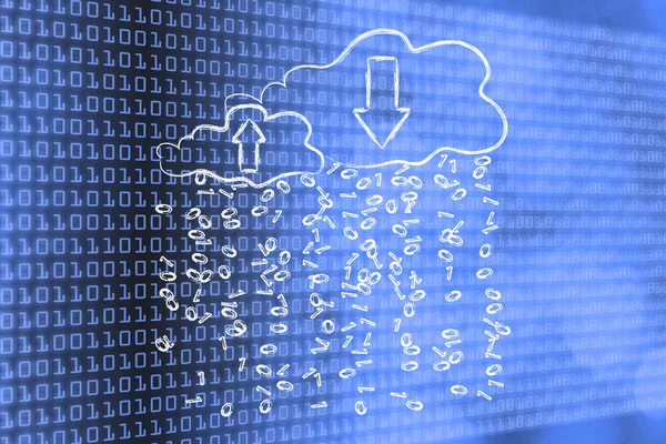 Upload & download clouds with binary code rain — Stock Photo, Image