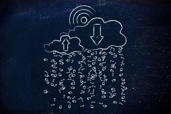 Wi-Fi sun & clouds with binary code rain — стоковое фото
