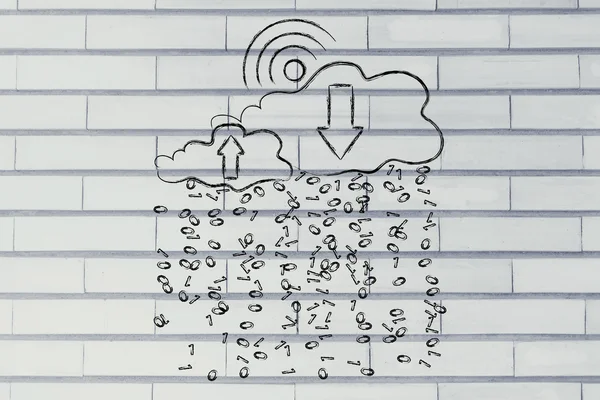 Wi-Fi sun & clouds with binary code rain — стоковое фото