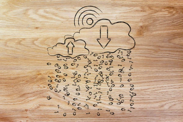 Wi-fi sun & clouds with binary code rain — Stock Photo, Image