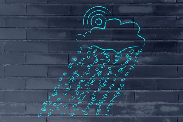 Wi-fi sol y computación en nube con código binario lluvia —  Fotos de Stock