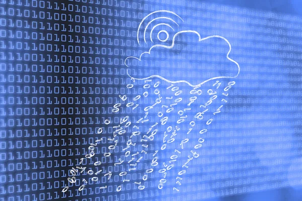 Wi-fi sol y computación en nube con código binario lluvia —  Fotos de Stock